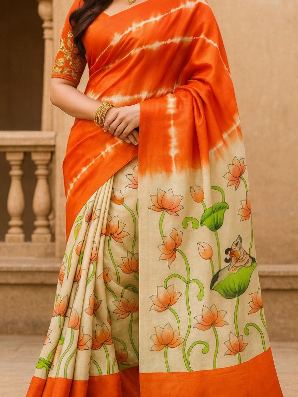 Pure Tussar Silk Saree with Shivori & Kalamkari Hand Paint - Orange