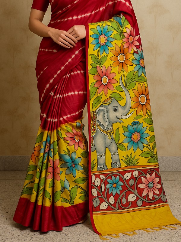 Pure Tussar Silk Saree with Shivori & Kalamkari Hand Paint - Red