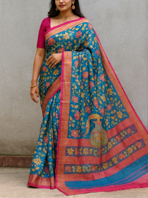 Bishnupuri Hand Painted Kalamkari Silk Saree