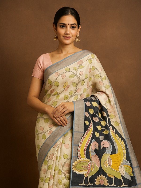 Bishnupuri Hand Painted Kalamkari Silk Saree