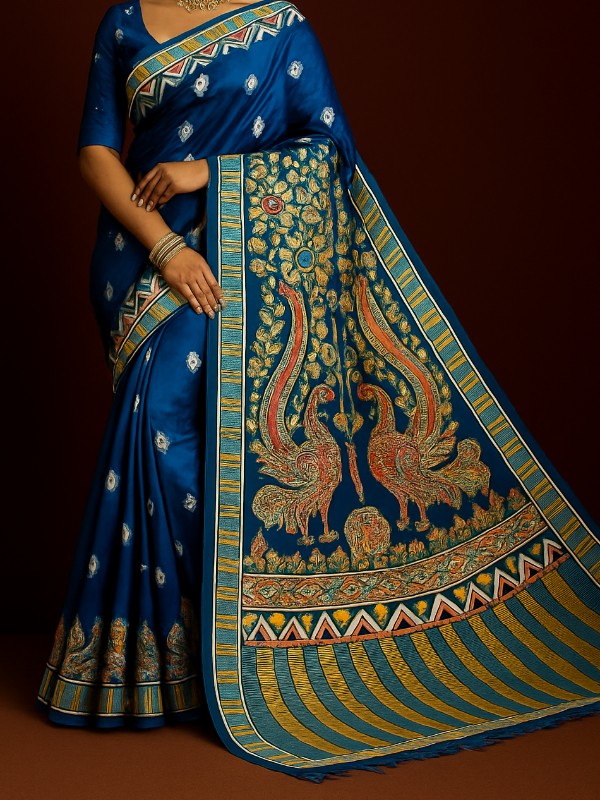 Bishnupuri Hand Painted Kalamkari Silk Saree