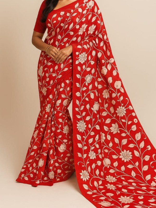 Bishnupuri Hand Painted Kalamkari Silk Saree - Red