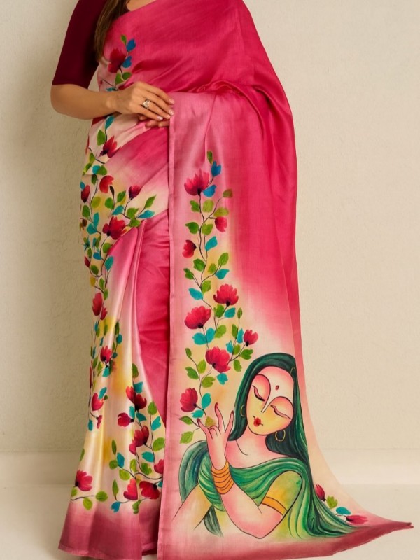 Bishnupuri Hand Painted Kalamkari Silk Saree