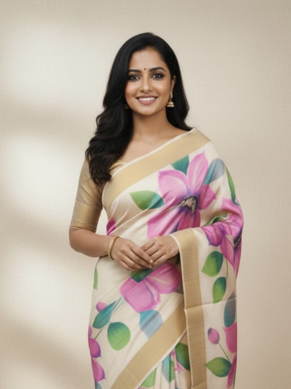 Zari border Tussar hand painted Silk saree