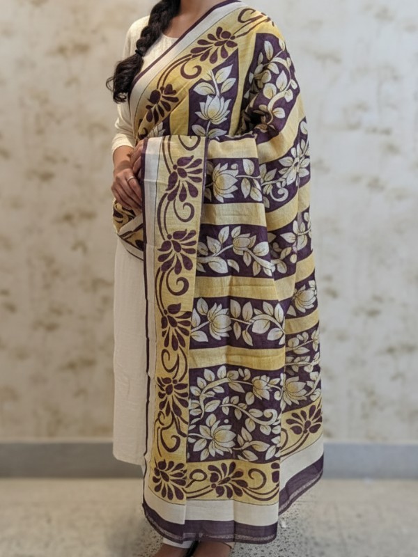 Hand painted pen kalamkari tussar dupatta