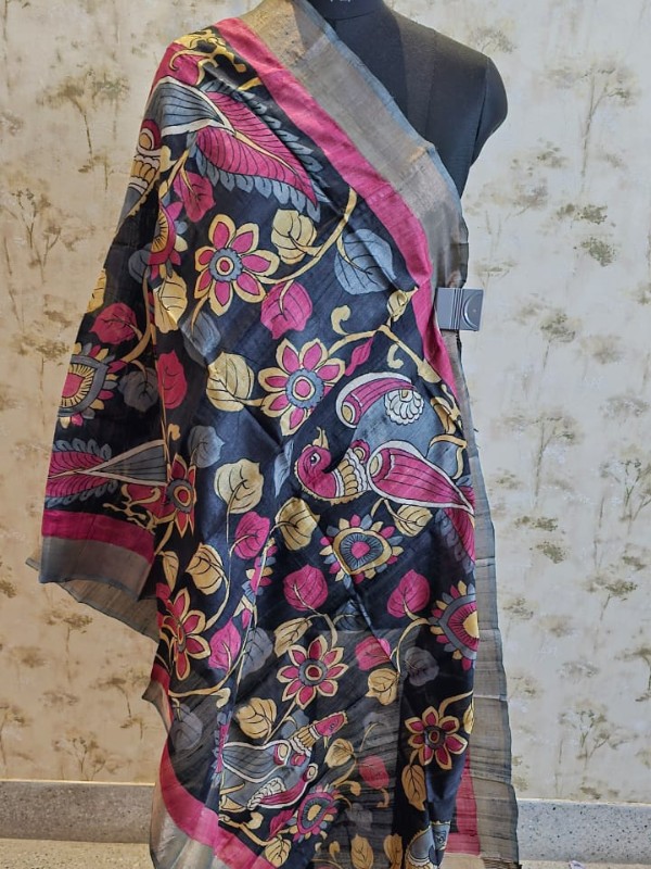 Hand painted pen kalamkari tussar dupatta