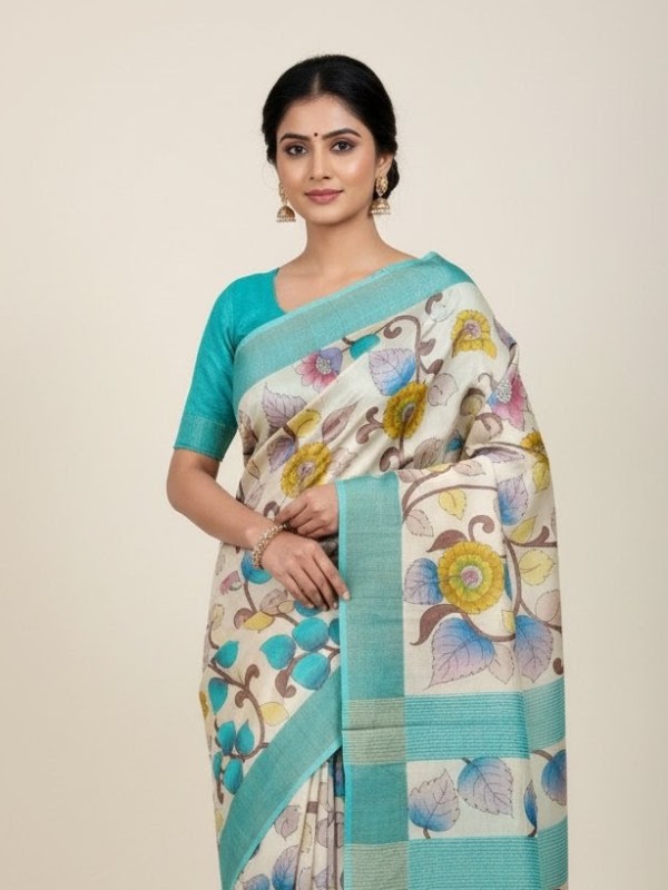 Zari border Tussar hand painted Silk saree
