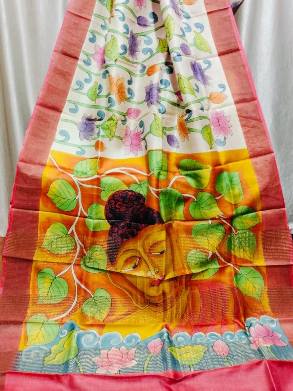 Zari border Tussar hand painted Silk saree