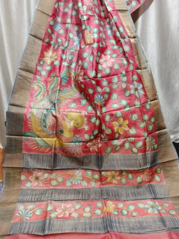 Zari border Tussar hand painted Silk saree