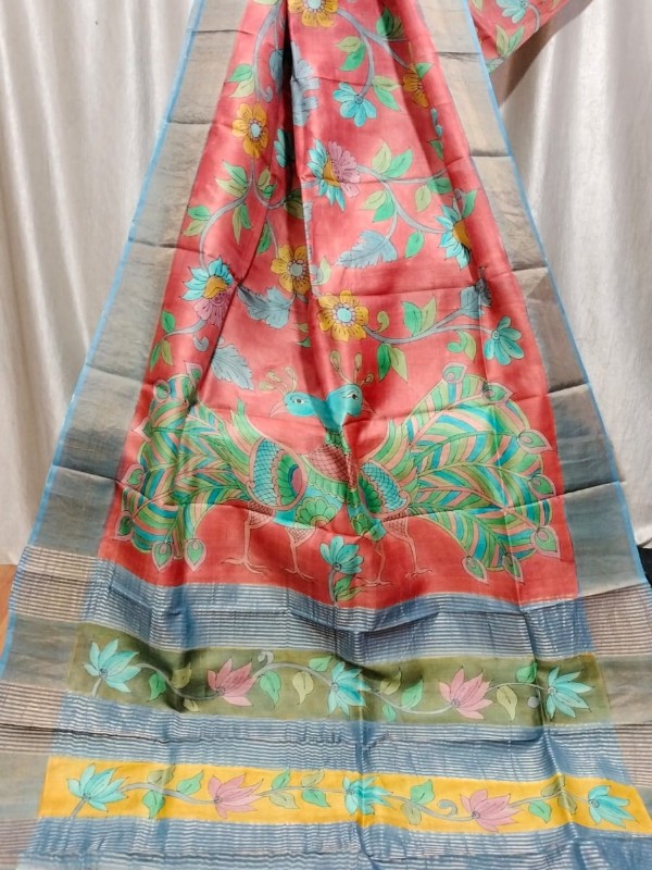 Zari border Tussar hand painted Silk saree