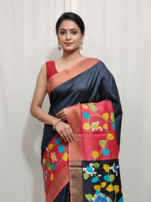 Zari border Tussar hand painted Silk saree
