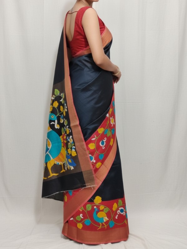 Zari border Tussar hand painted Silk saree