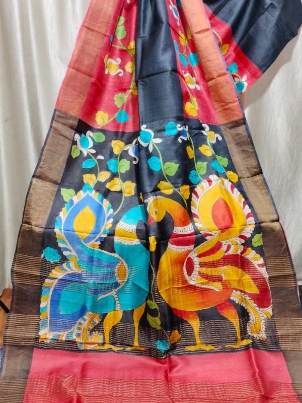 Zari border Tussar hand painted Silk saree