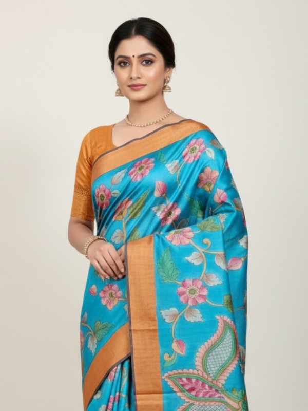 Zari border Tussar hand painted Silk saree