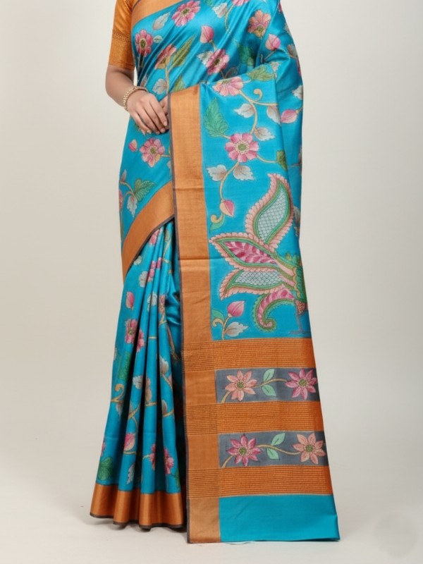 Zari border Tussar hand painted Silk saree