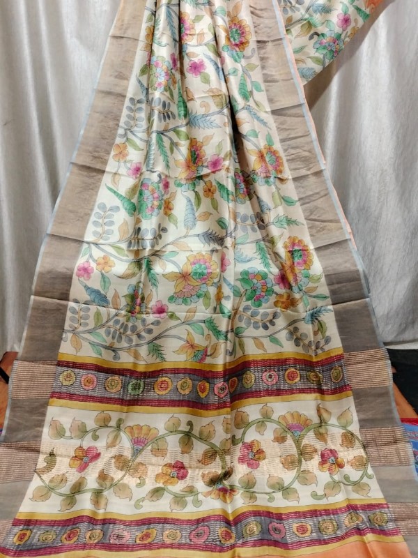 Zari border Tussar hand painted Silk saree