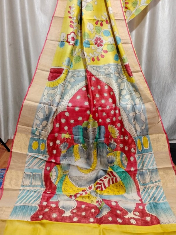 Zari border Tussar hand painted Silk saree