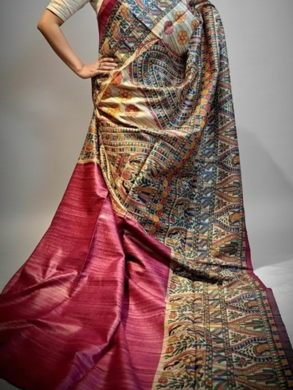 Ghicha Hand Painted Madhubani Saree