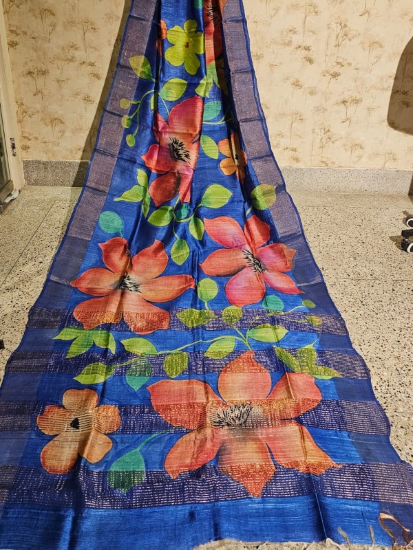 Zari border Tussar hand painted Silk saree