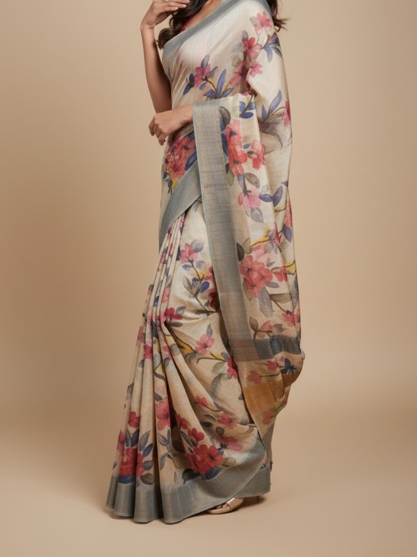 Zari border Tussar hand painted Silk saree