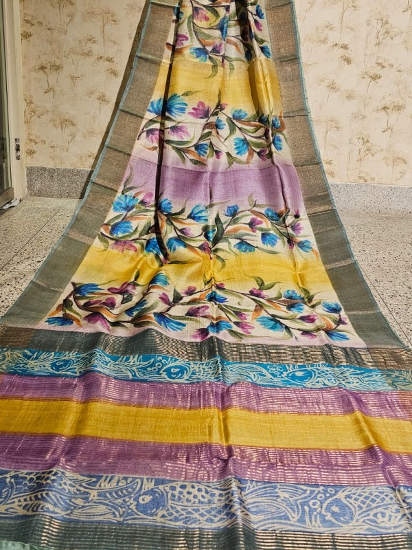 Zari border Tussar hand painted Silk saree