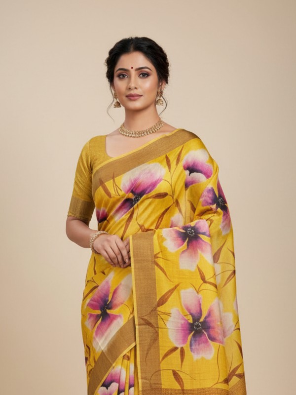 Zari border Tussar hand painted Silk saree