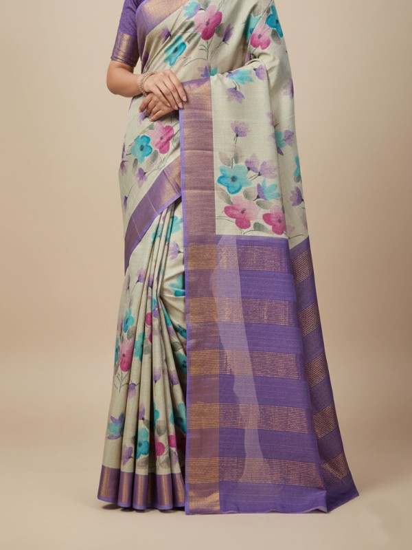 Zari border Tussar hand painted Silk saree