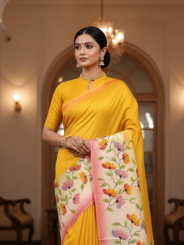 Zari border Tussar hand painted Silk saree