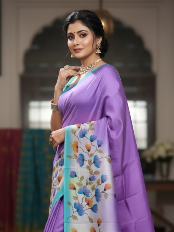 Zari border Tussar hand painted Silk saree