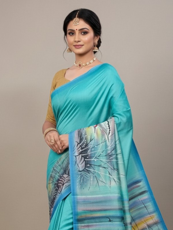Zari border Tussar hand painted Silk saree