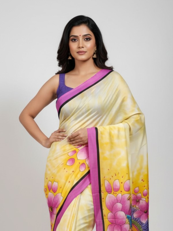 Zari border Tussar hand painted Silk saree