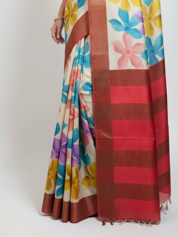 Zari border Tussar hand painted Silk saree