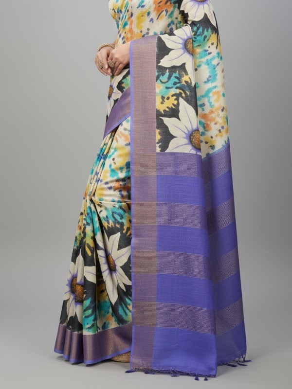 Zari border Tussar hand painted Silk saree