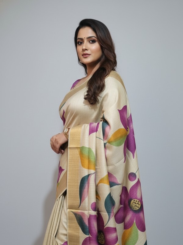Zari border Tussar hand painted Silk saree