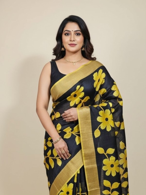 Zari border Tussar hand painted Silk saree
