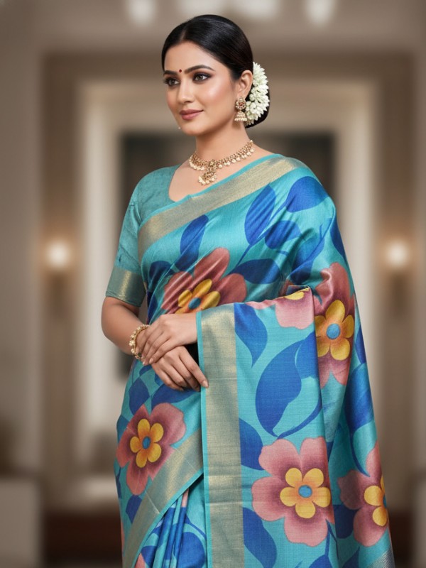 Zari border Tussar hand painted Silk saree