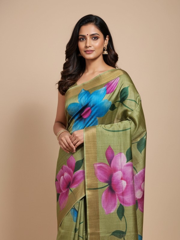 Zari border Tussar hand painted Silk saree