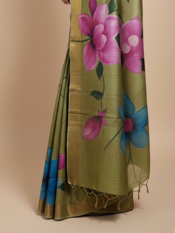 Zari border Tussar hand painted Silk saree