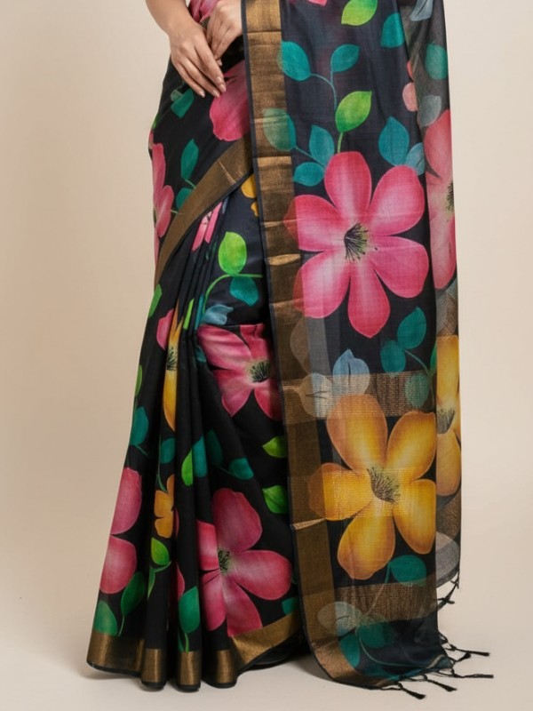 Zari border Tussar hand painted Silk saree