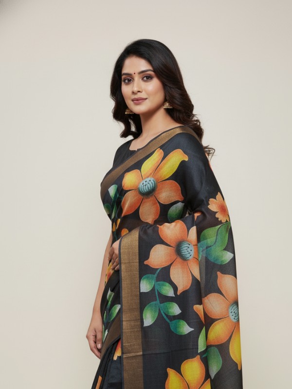 Zari border Tussar hand painted Silk saree