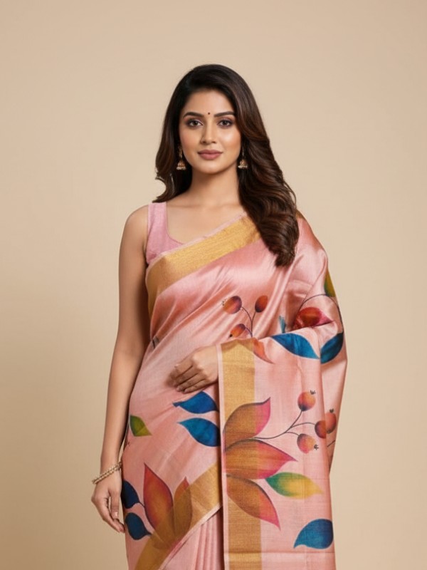 Zari border Tussar hand painted Silk saree