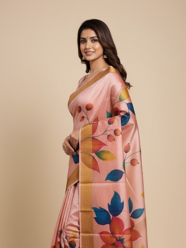 Zari border Tussar hand painted Silk saree