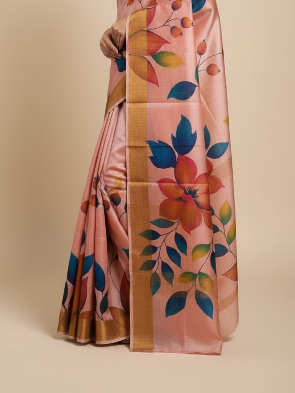 Zari border Tussar hand painted Silk saree