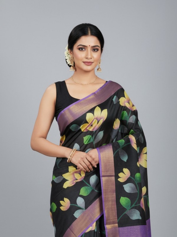 Zari border Tussar hand painted Silk saree