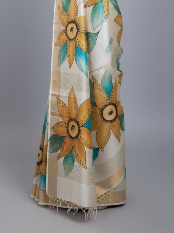 Zari border Tussar hand painted Silk saree