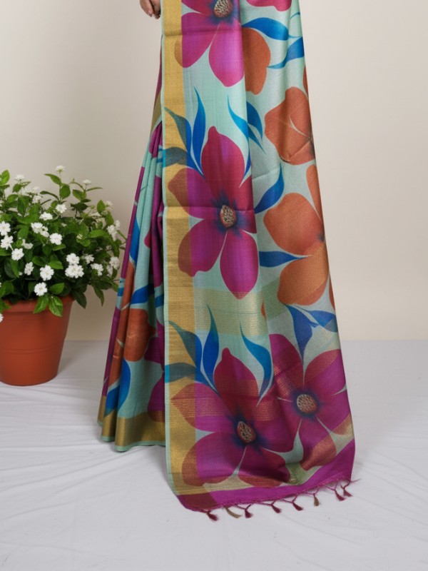 Zari border Tussar hand painted Silk saree