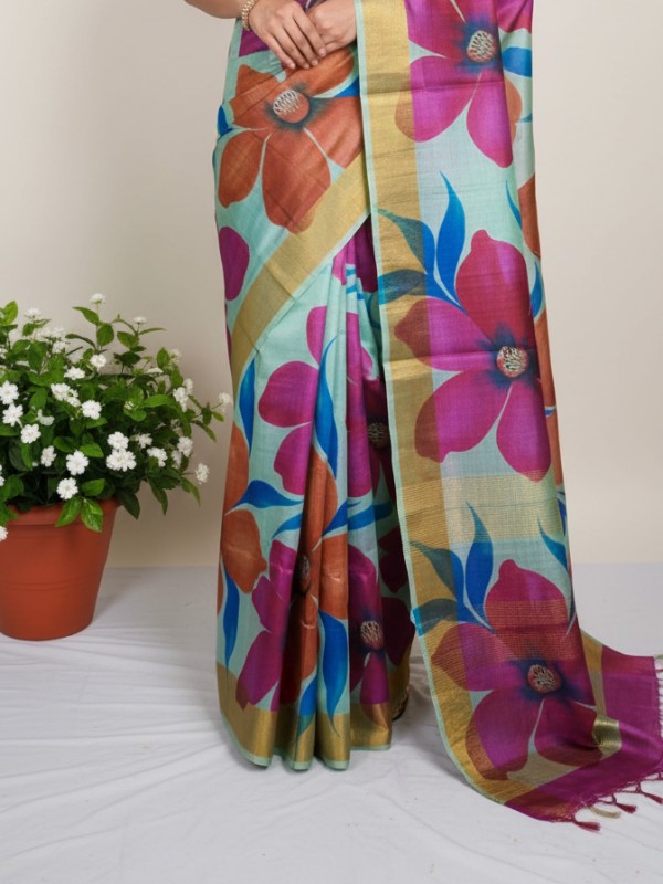 Zari border Tussar hand painted Silk saree