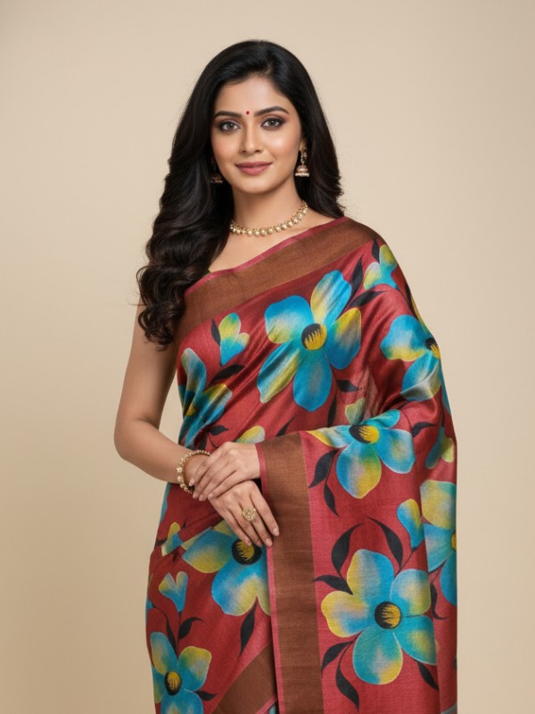 Zari border Tussar hand painted Silk saree